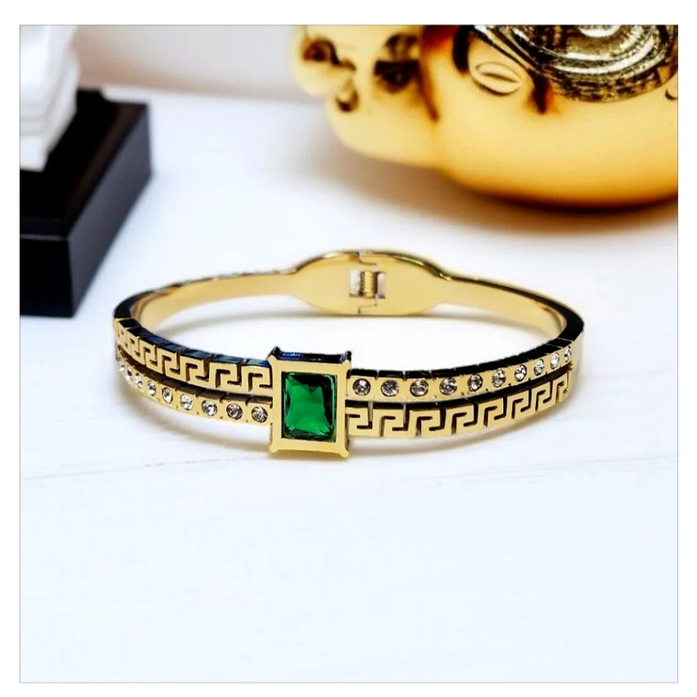 Gold Greek Key Zircon Emerald Crystal Plated